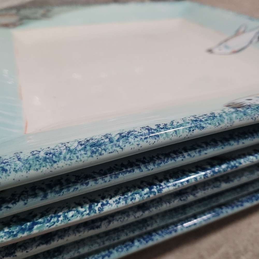 American Atelier Currents square dinner plates Saucers Hand Painted fish design - Picture 2 of 10